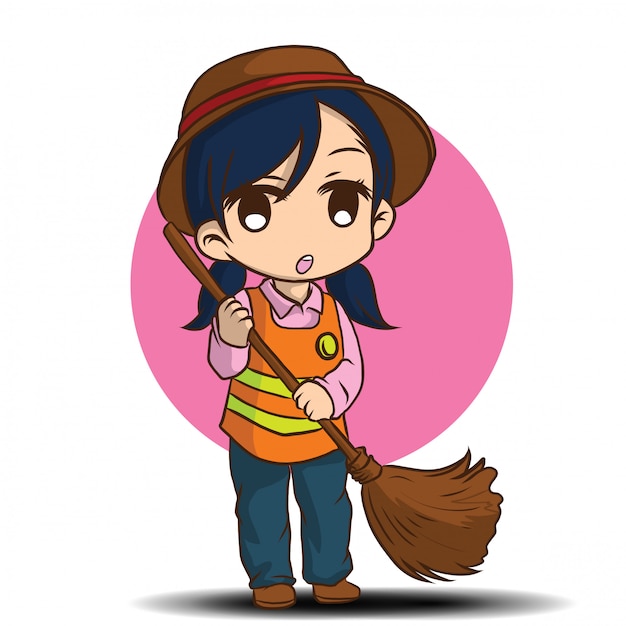 Cute street sweeper cartoon. job concept. | Premium Vector