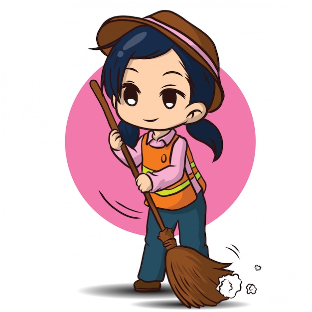 Cute street sweeper cartoon. job concept. | Premium Vector