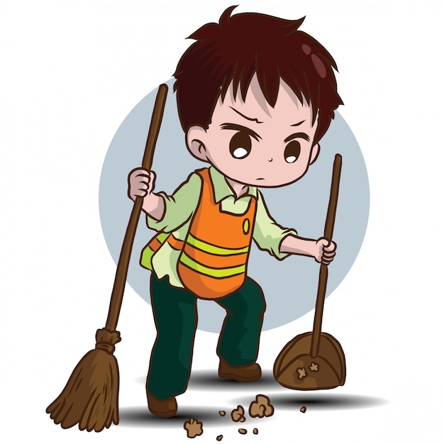 Cute street sweeper cartoon. job concept. Vector | Premium Download