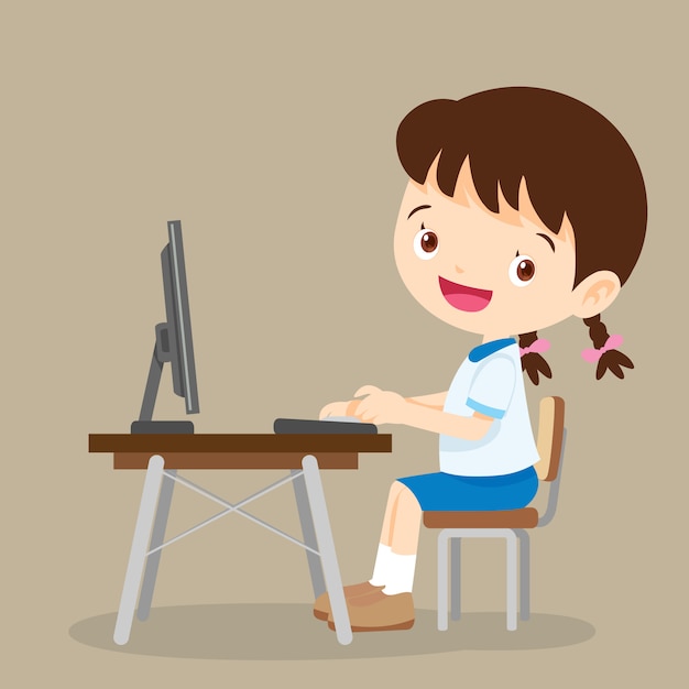 Premium Vector | Cute student girl working with computer