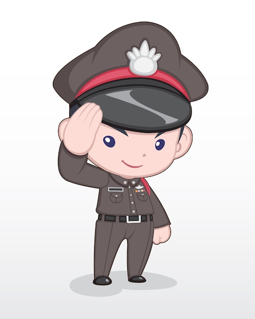 かわいいスタイルのタイの警察官が立って敬礼漫画イラスト プレミアムベクター