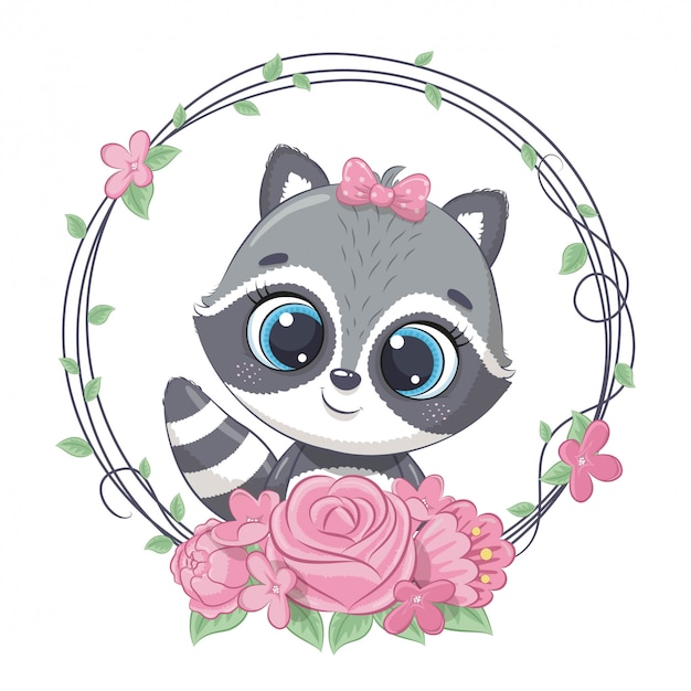 Premium Vector | Cute summer baby raccoon with flower ...