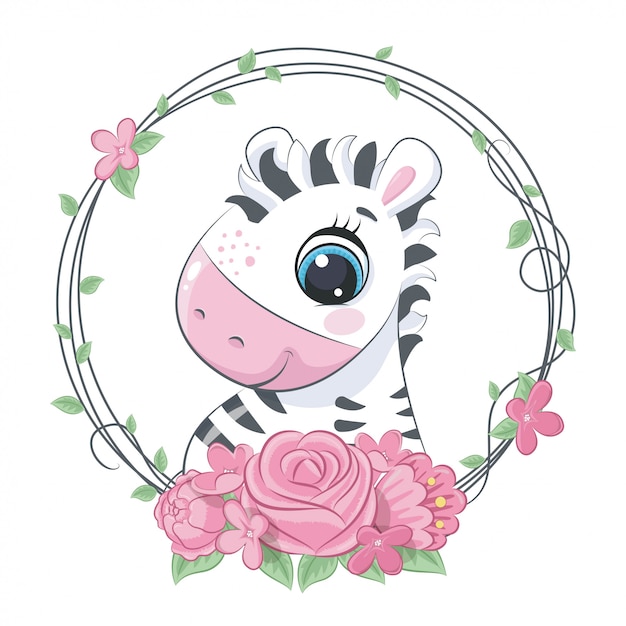 Cute summer baby zebra with flower wreath. illustration ...