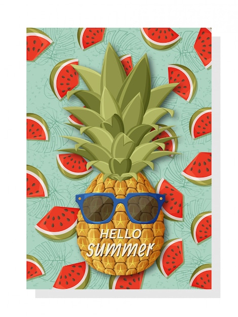 バナー 壁紙 招待状 ポスターのかわいい夏の背景テンプレート 後ろにサングラスとスイカを入れたクールなパイナップル プレミアムベクター