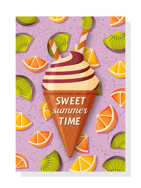 プレミアムベクター バナー 壁紙 招待状 ポスターのかわいい夏の背景テンプレート 後ろに甘いアイスクリームとキウイ オレンジとレモン