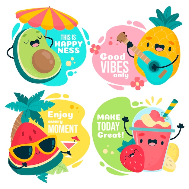 Cute summer fruits with motivational text set Free Vector