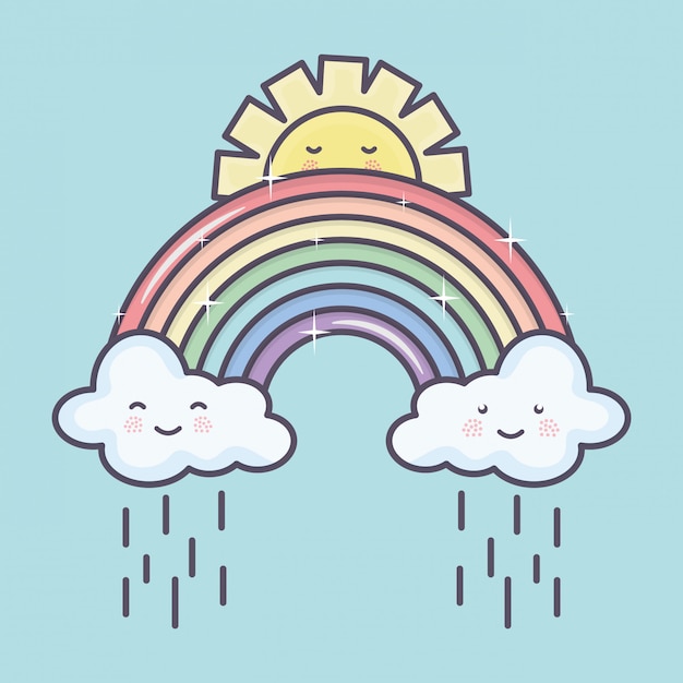 かわいい夏の太陽と虹かわいい雨の文字の雲 無料のベクター