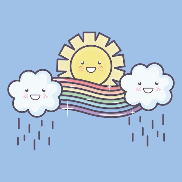 Download Cute summer sun and clouds rainy with rainbow kawaii ...