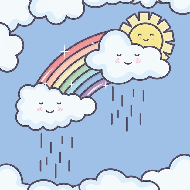 Download Cute summer sun and clouds rainy with rainbow kawaii characters Vector | Free Download