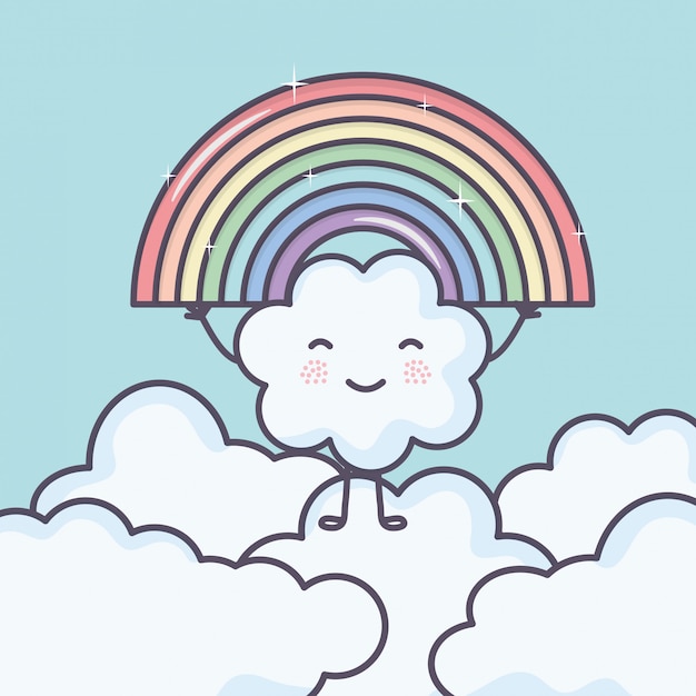 Free Vector | Cute summer sun and clouds with rainbow ...