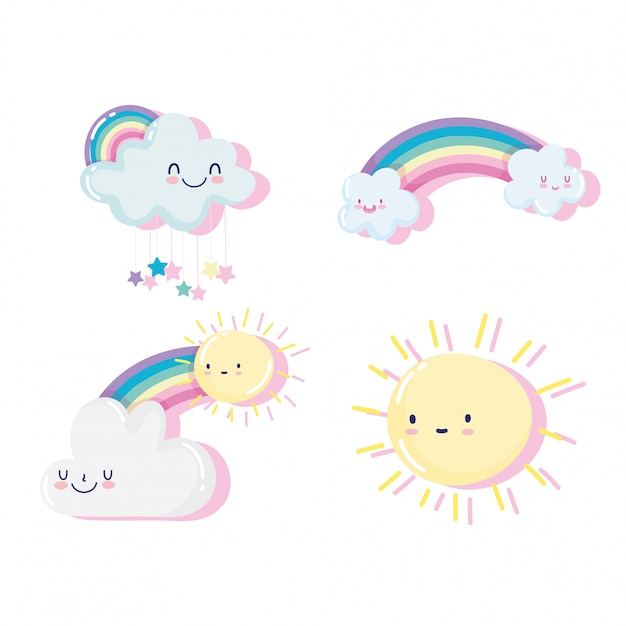 かわいい太陽と幸せな雲と虹の漫画装飾ベクトルイラスト プレミアムベクター