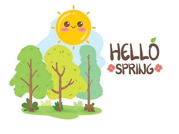 かわいい太陽と木漫画のキャラクターイラスト 春と夏のコンセプト ハロー春 プレミアムベクター
