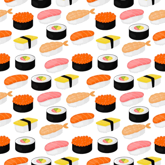 かわいい寿司とロールのシームレスパターン 日本の食べ物 プレミアムベクター