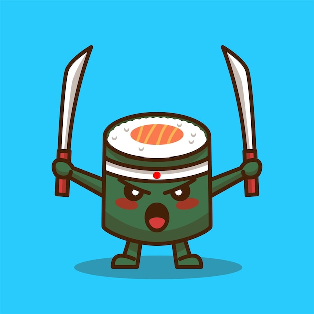 Premium Vector | Cute sushi cartoon with sword isolated on blue