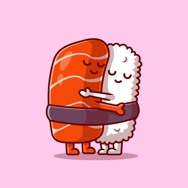 かわいい寿司サーモンカップル抱擁漫画アイコンイラスト 無料のベクター
