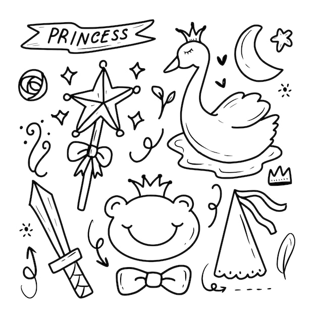 かわいい白鳥の王女の妖精ファンタジー落書き図面イラスト集 プレミアムベクター