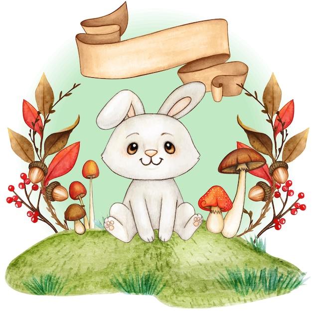 Download Cute sweet white bunny in an autumn frame with vintage scroll | Premium Vector