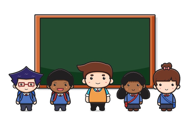 黒板漫画アイコンイラストと教室でかわいい先生と生徒 白で隔離のデザイン フラットな漫画のスタイル プレミアムベクター