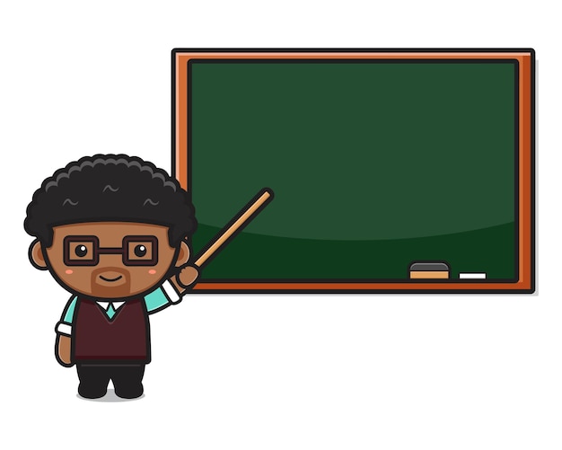 黒板漫画イラストを指す教室のかわいい先生 白で隔離のデザイン フラットな漫画のスタイル プレミアムベクター