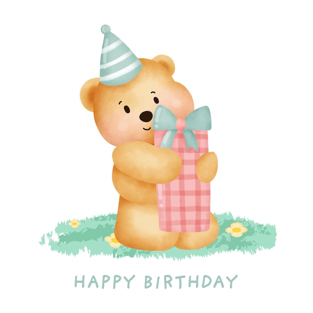 Premium Vector Cute Teddy Bear Holding A Gift Box For Birthday Card