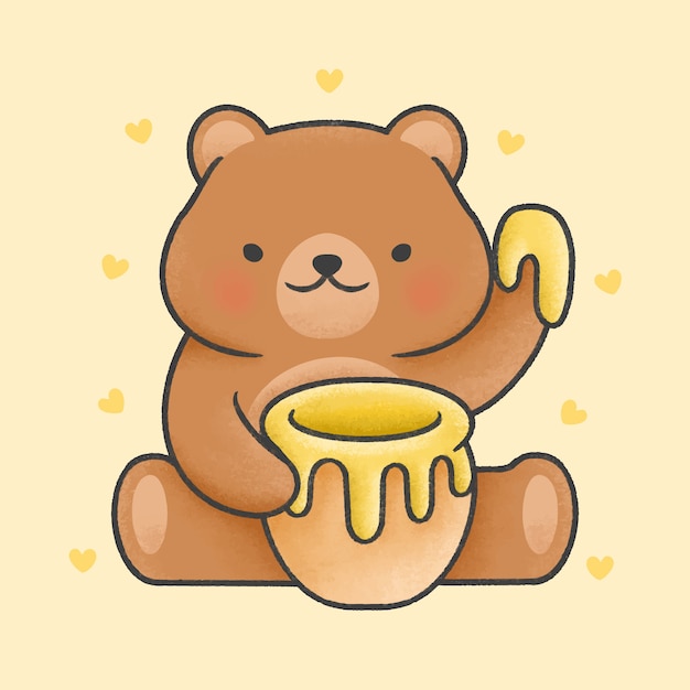 Cute teddy bear holding honey jar cartoon hand drawn style Premium Vector
