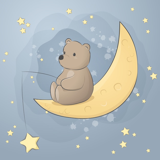 Cute teddy bear sitting on moon cartoon doodle pastel ...