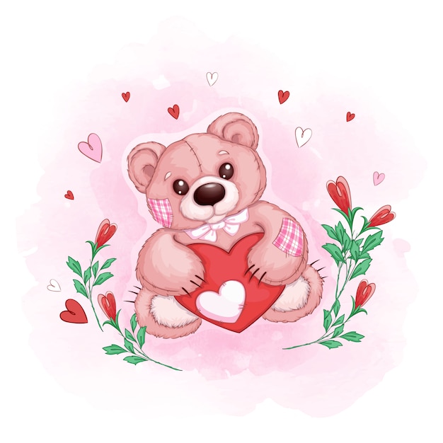 Premium Vector | Cute teddy bear with a card in the form of a heart and