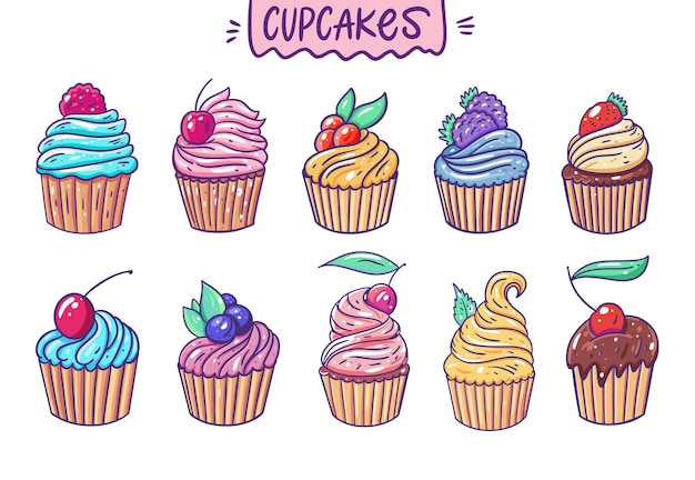 Premium Vector Cute Ten Cupcakes Cartoon Style