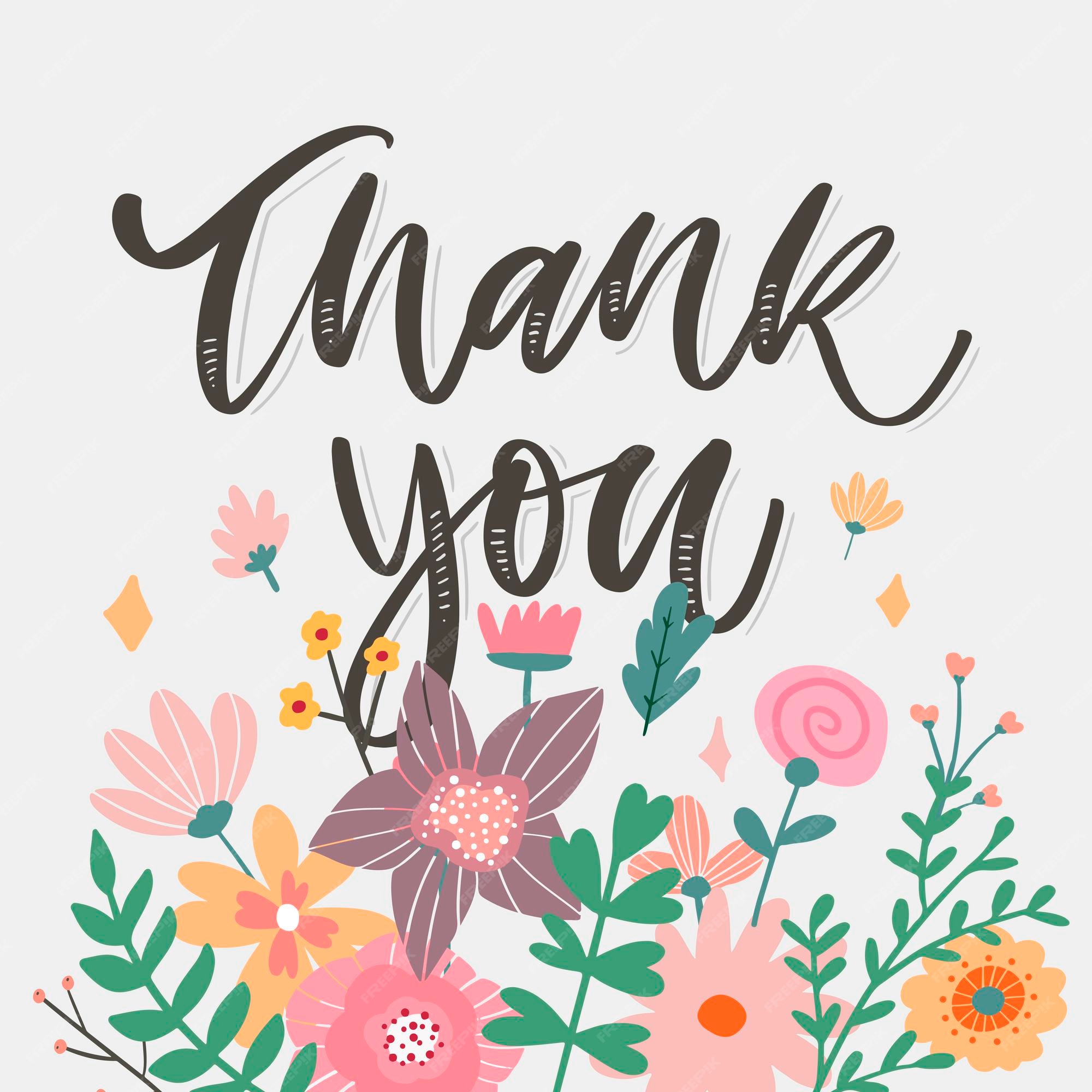 Premium Vector | Cute thank you script card flowers letter text