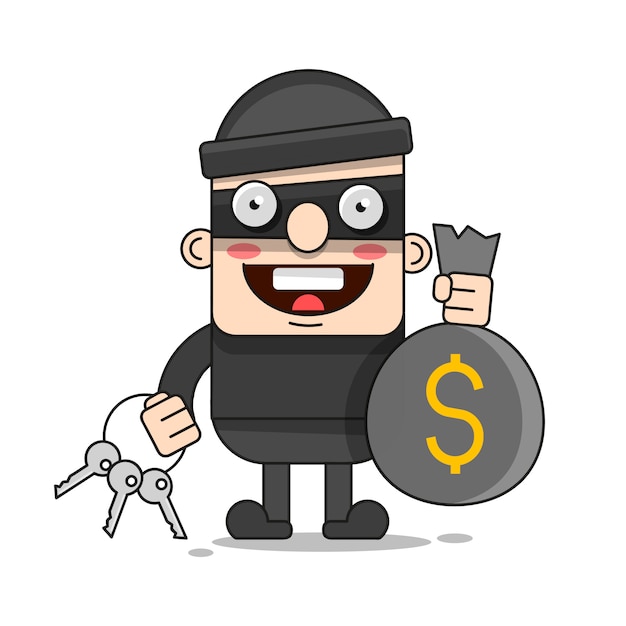 かわいい泥棒のキャラクター ベクトル漫画の実例 バッグ付き盗賊 強盗のマスク プレミアムベクター