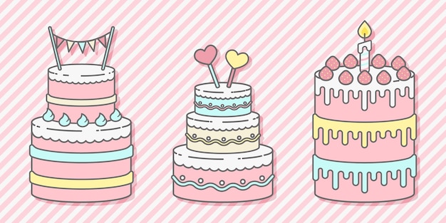 かわいい3つのパステルカラーの誕生日ケーキセット プレミアムベクター