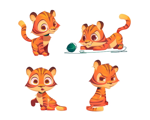 かわいい虎の漫画のキャラクター かわいい銃口を持つ面白い動物の子のマスコットは 感情の笑顔を表現し 怒り 驚き そしてクルーで遊んでいます オレンジ色の縞模様の肌のベクトル分離セットを持つ野生の子猫 無料のベクター