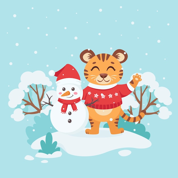 冬の背景にセーターと雪だるまのかわいい虎の子 プレミアムベクター