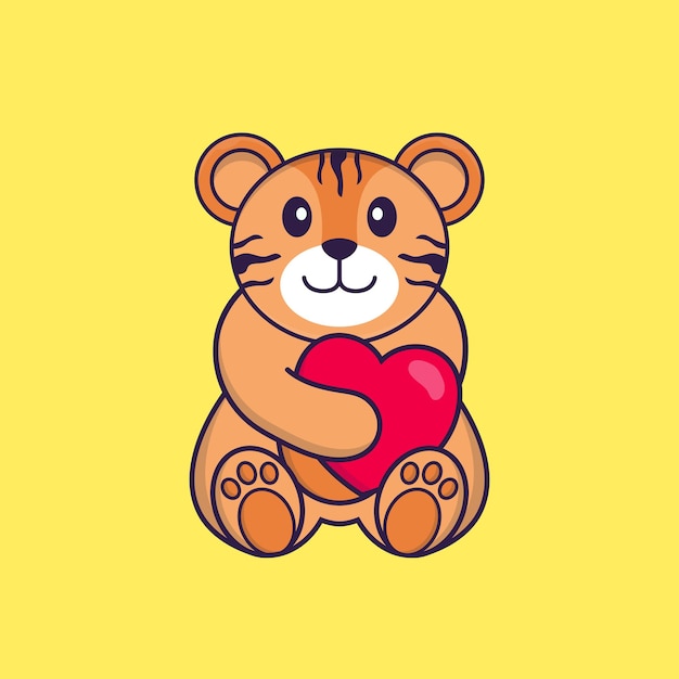 Premium Vector | Cute tiger holding a big red heart animal cartoon ...