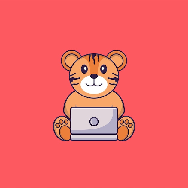 Premium Vector | Cute tiger using laptop. animal cartoon concept isolated.