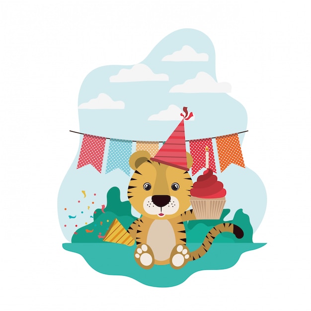 Premium Vector | Cute tiger with party hat