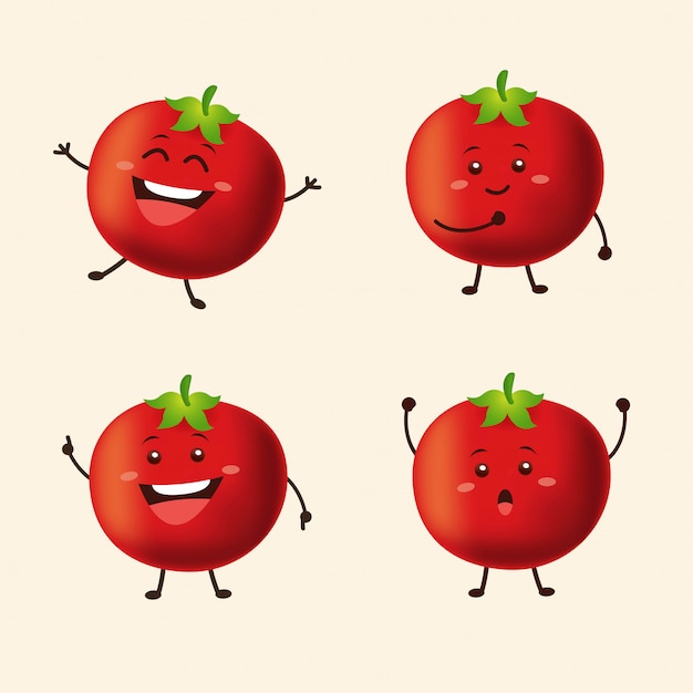 孤立した背景を持ついくつかのポーズでかわいいトマトキャラクター プレミアムベクター