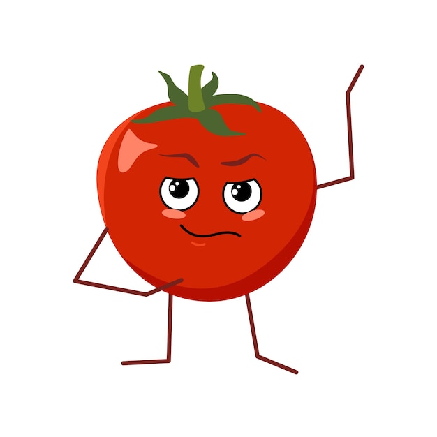 白い背景で隔離の顔と感情を持つかわいいトマトのキャラクター 面白いまたは悲しいヒーロー 赤い果物と野菜 ベクトルフラットイラスト プレミアムベクター