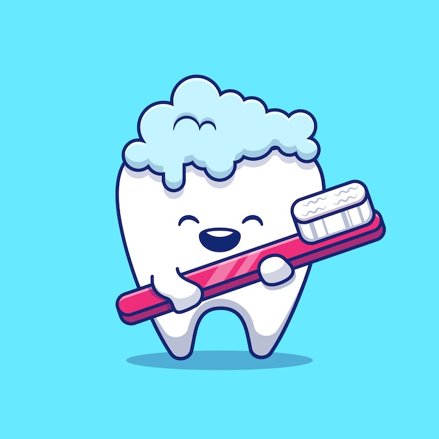プレミアムベクター かわいい歯磨きアイコンイラスト 分離された歯科健康アイコンコンセプト フラット漫画スタイル