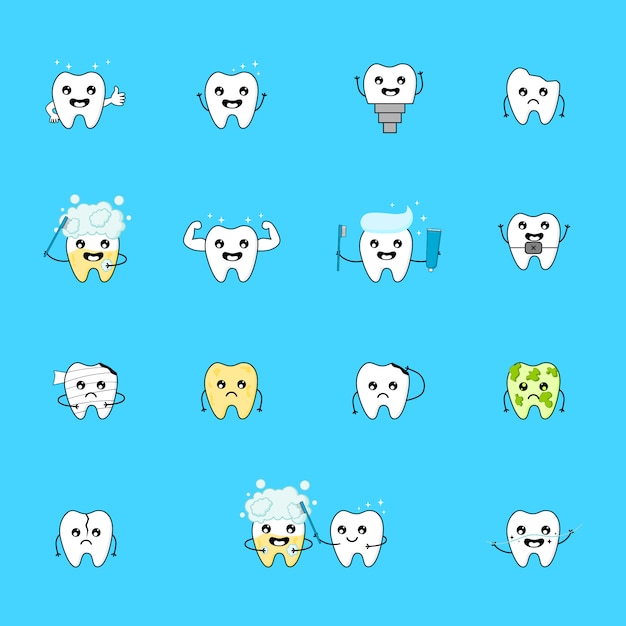 かわいい歯の漫画のキャラクター 異なる表情を持つ絵文字 歯の手入れ プレミアムベクター