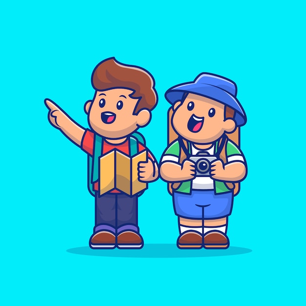 Cute tour guide and tourist cartoon vector icon illustration. people