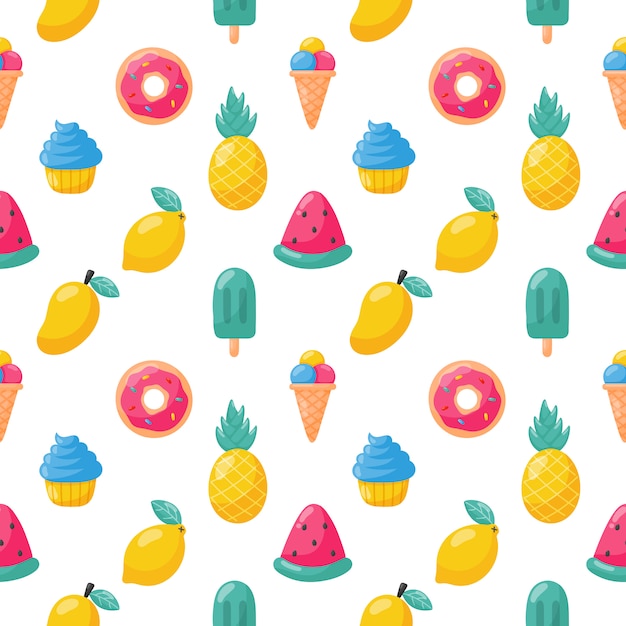 アイスクリームのシームレスなパターンを持つかわいいトロピカルフルーツ レモン スイカ パイナップル 夏の食べ物 イラスト プレミアムベクター