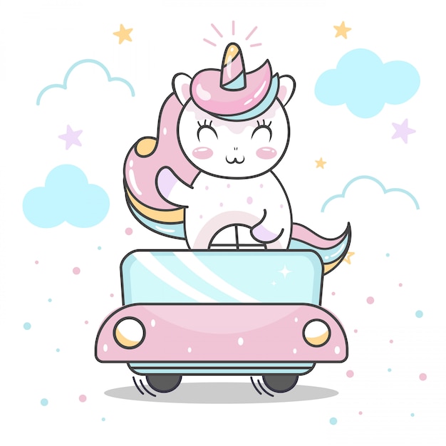 Premium Vector | Cute unicorn cartoon driving a car