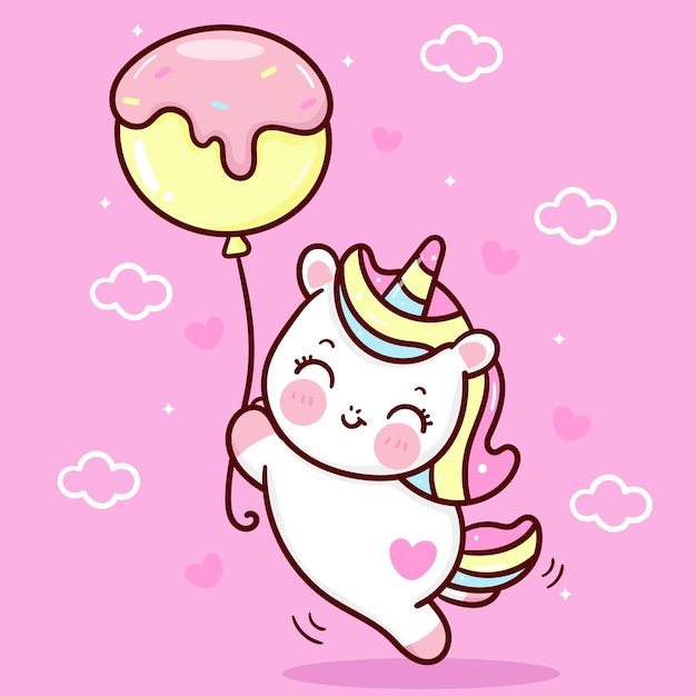 Premium Vector | Cute unicorn cartoon holiding cupcake balloon kawaii ...