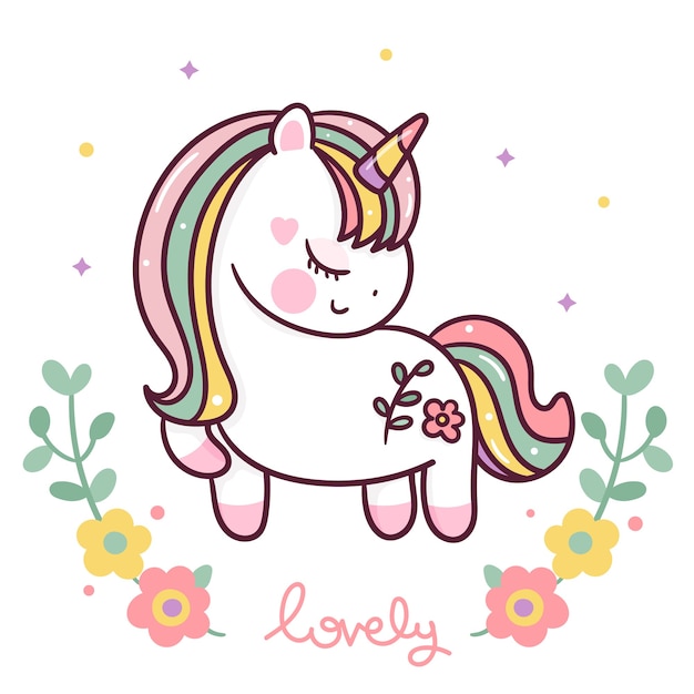 Premium Vector Cute Unicorn Cartoon Swith Flower Kawaii Style