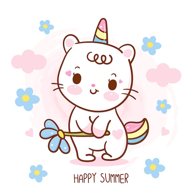 Cute unicorn cat holding flower happy summer season cartoon Premium Vector