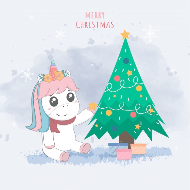 Cute unicorn and christmas tree, merry christmas postcard | Premium Vector