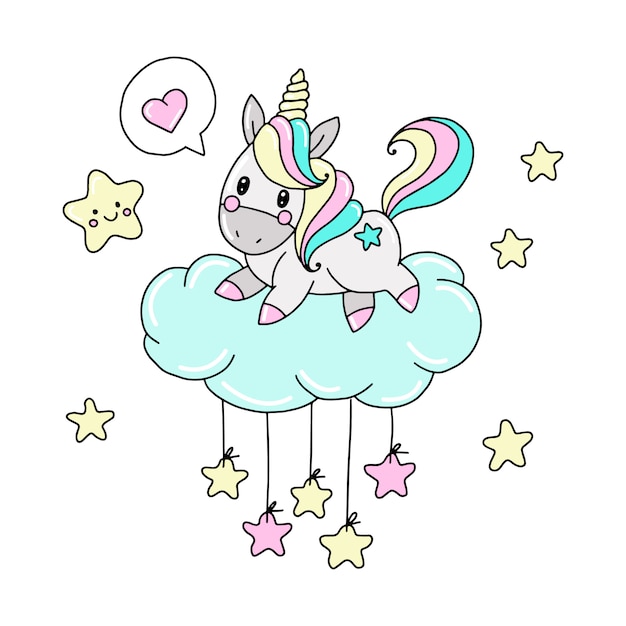 Premium Vector Cute Unicorn On A Cloud With Stars Vector Illustration