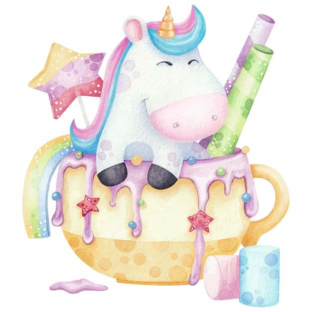 Download Premium Vector | Cute unicorn in a cup with sweets watercolor illustration on white