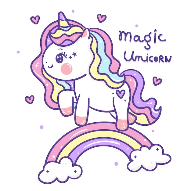 Cute unicorn doodle on rainbow | Premium Vector